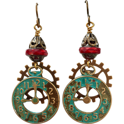 Time Flies Hand Aged Brass Earrings With Verdigris Finish and Red Czech Bead